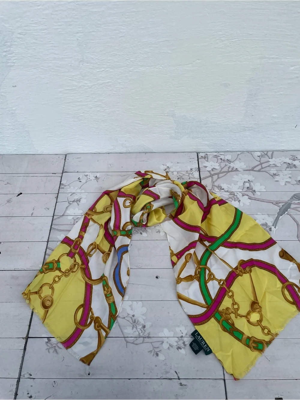 Lauren Ralph Lauren Yellow Silk Scarf with Pink and Green Chain Motif